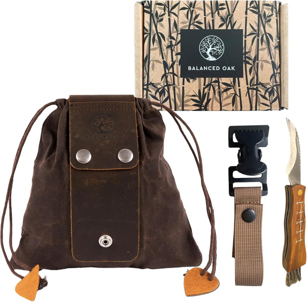Balanced Oak Mushroom Foraging Kit, Waxed Canvas Foraging Bag, Glove Attachment, and Stainless Steel