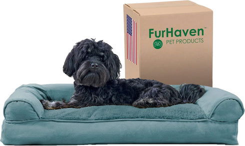 Furhaven Pillow Dog Bed for Medium/Small Dogs, Removable Bolsters, Washable Cover, Plush & Suede, Deep Pool