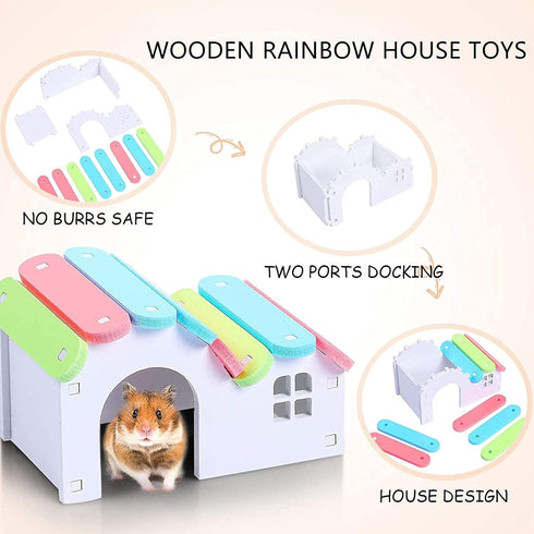 Hamiledyi Hamsters Flying Saucer Silent Running Exercise Wheels, 10 Pcs Wooden Rainbow Gerbil House