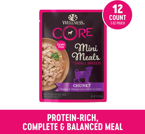 Wellness CORE Natural Grain Free Mini Meals Wet Dog Food, Chunky Chicken & Chicken Liver Entrée in Gravy, 3-Ounce Pouch