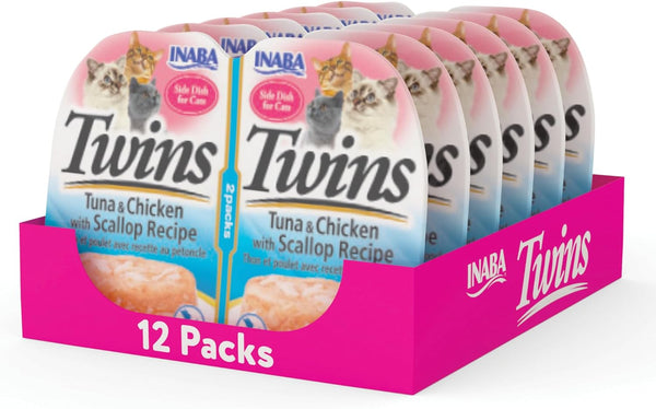 INABA Twins for Cats, Grain-Free Shredded Chicken & Broth Gelée Side Dish, 1.23 Ounces per Serving, 12 Servings