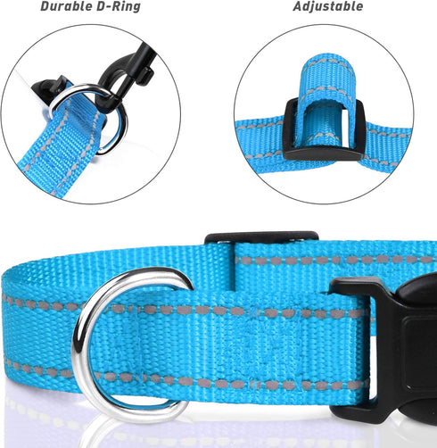 TagME Adjustable Reflective Nylon Dog Collars, Classic Dog Collar with Quick Release Buckle for Large Dogs, Sky Blue,