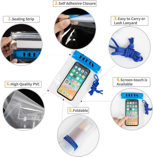 HEETA 5-Pack Clear Waterproof Dry Bag, Water Tight Cases for Camera Mobile Phone Maps, Kayaking Document Holder