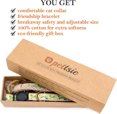 Pettsie Kitten Collar Breakaway with Matching Bracelet, Adjustable 5"-8", Green Gift Box