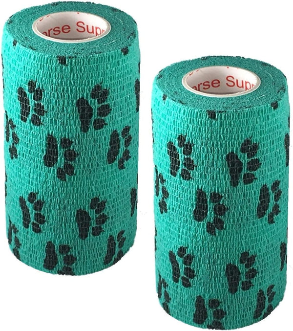 Vet Wrap Teal with Paws Tape, 2 Pack, 4 Inch x 15 feet Self Adhesive Cohesive Bandage for Pets