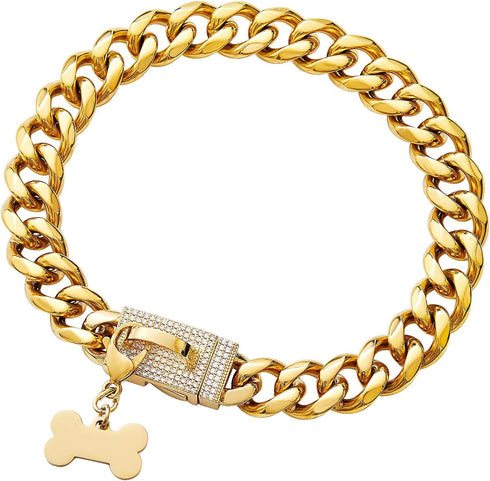 New Gold Dog Chain Collar with Secure Buckle - 15MM Stainless Steel Cuban Link - Luxury Necklace for Small Medium &