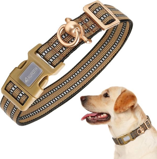 Auroth Reflective Dog Collar for Medium Large Dogs, Soft Nylon Adjustable Collar with Heavy Duty Metal D Ring (Army