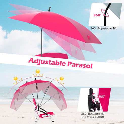 330lbs (1,Pink) GYMAX Beach Chair with Umbrella, Folding Low Beach Chairs with High Back, Adjustable Sunshade & Carry