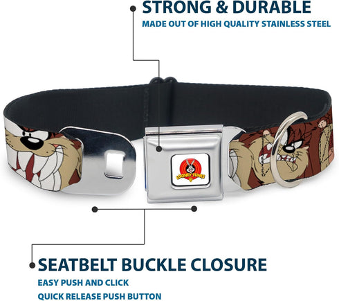 Dog Collar Seatbelt Buckle, Tasmanian Devil Expressions, Brown, 18 to 32 Inches, 1.5 Inch Wide