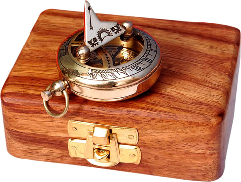 Brass Nautical Compass with Wooden Case - Antique Brass & Copper Sundial Compass for Camping, Hiking, Touring