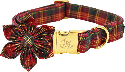 Elegant Little Tail Red Plaid Christmas Dog Collar with Flower, Holiday Pet Collar for X-Large Dogs