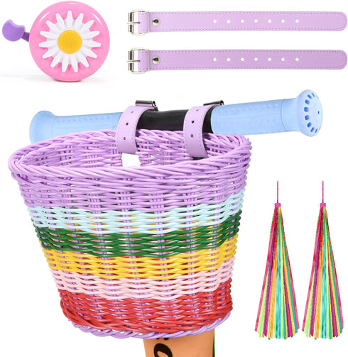 Kids Bike Basket Set, Handwoven Bike Baskets for Children Cycling with Spare Leather Straps and Bell, Easy Install