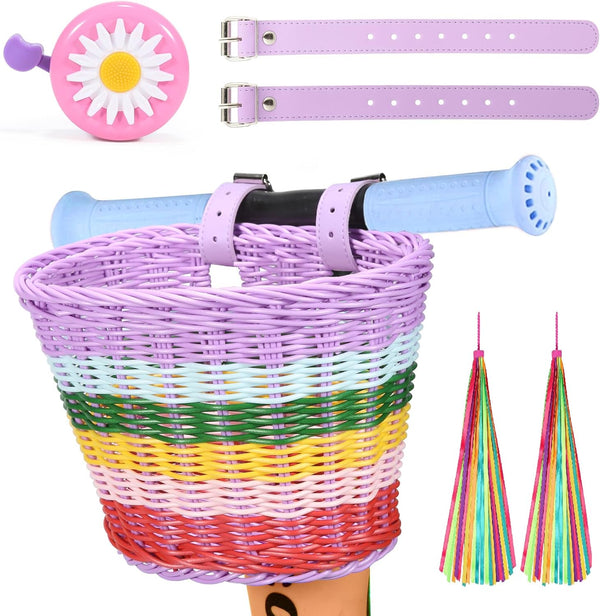 Kids Bike Basket Set, Handwoven Bike Baskets for Children Cycling with Spare Leather Straps and Bell, Easy Install