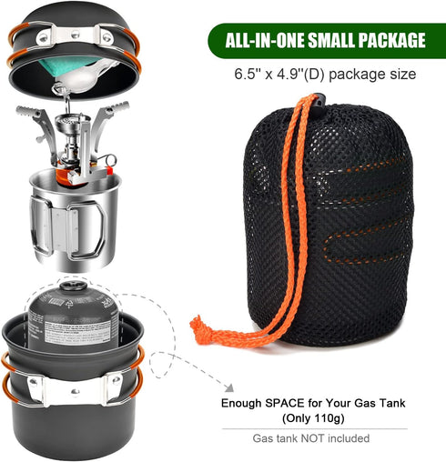 Odoland 8pcs Camping Cookware Mess Kit, Pot and Pan Set with Mini Backpacking Stove for Outdoor Cooking