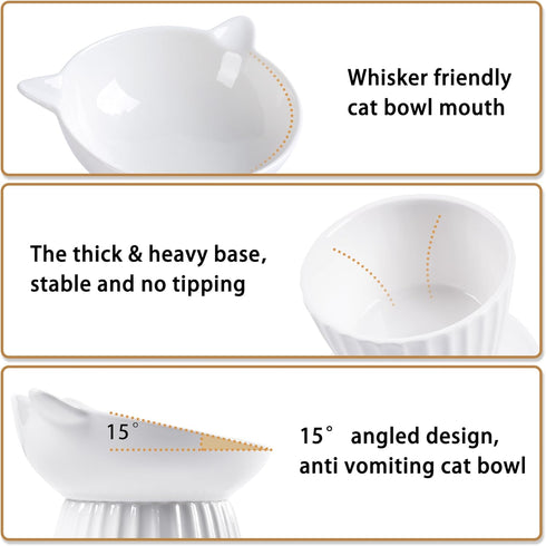 Ceramic Raised Cat Bowl, Tilted Anti Vomit Feeder for Indoor Cats, Whisker Friendly, Microwave and Dishwasher Safe