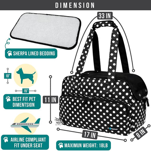 PetAmi Small Dog Purse Carrier, Soft-Sided Bag with Pockets, Airline Approved, Max 18 lbs, Polka Dot Black