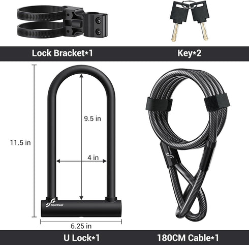 Sportneer Heavy Duty Bike Lock: U Lock with 6ft Security Steel Cable, Bicycle U-Locks with Keys