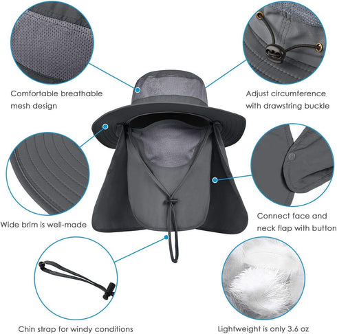 IYEBRAO Men's Outdoor Sun Hat, Face Neck Flap UV Protection Wide Brim Fishing Hat for Hiking