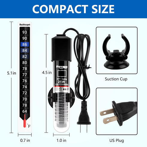 FREESEA 25W Aquarium Fish Tank Heater - Small Submersible Water Heater with Preset Temperature for Betta & Turtle