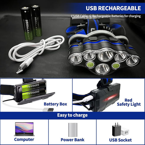 Rechargeable Headlamp, 8 LED 18000lm IPX4, Red Light Flashlight, USB Cable 8 Modes for Outdoors Camping Running Fishing