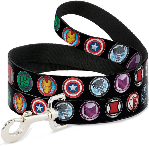 Dog Leash, 9 Avenger Icons Black Multi Color, 6 Feet Long, 0.5 Inch Wide