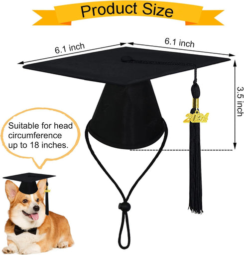 Dog Graduation Outfit - Adjustable Graduation Cap with Black Tassels 2023 Charm, Necktie and Bow Tie Collar for Dogs