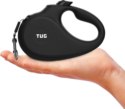 TUG Monochrome Tiny 360° Tangle-Free Retractable Dog Leash, 10 ft Strong Nylon Tape (Tiny, Black)