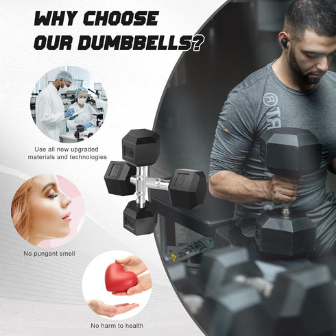 Portzon Rubber Dumbbell Weight Set, 2 Pcs, 5-50 LB, Anti-Slip, Anti-roll, Hex Shape