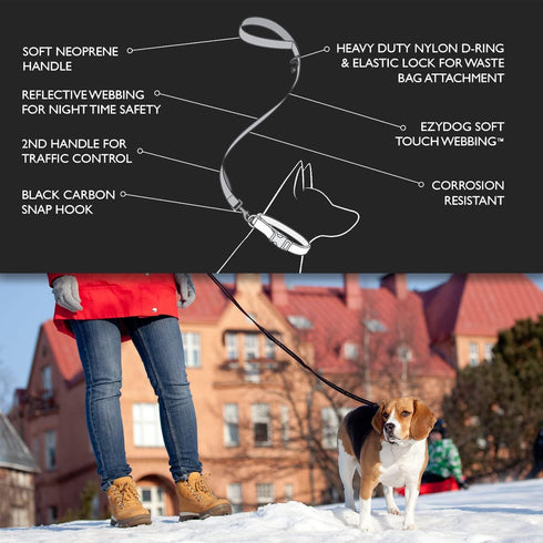 EzyDog Soft Trainer Dog Leash with Traffic Control Handle, Reflective Stitching for Night Safety, for Large Medium Dogs