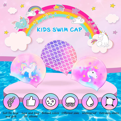 Syhood 3 Pcs Kids Swim Caps, Baby Waterproof Bathing Caps, Cartoon Swimming Hat for Boys and Girls