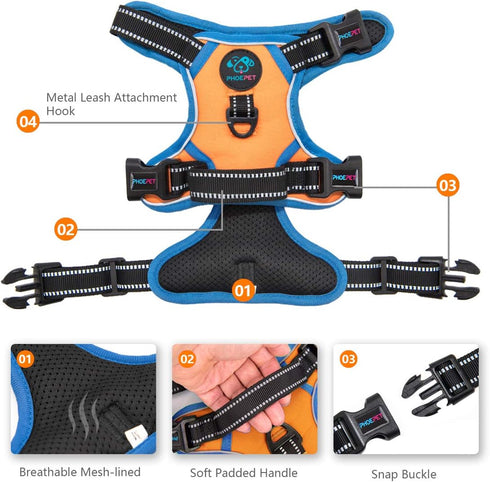 PHOEPET 2019 No Pull Dog Harness for Small Dogs, Reflective Adjustable Vest with Handle, Orange (S)