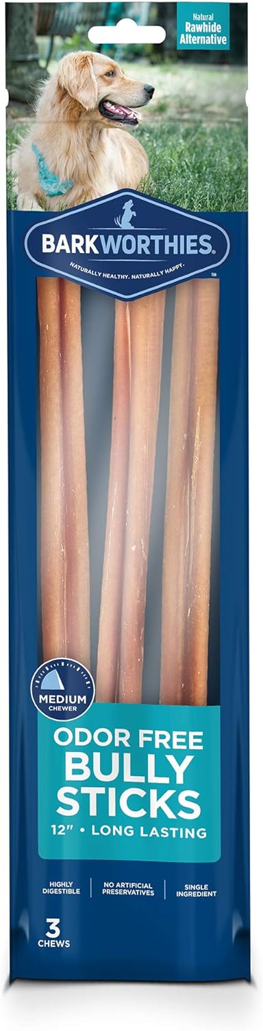 Barkworthies 12 Inch Odor-Free Bully Sticks - 3 Count (Pack of 1) - All-Natural Rawhide Alternative, Supports Dental
