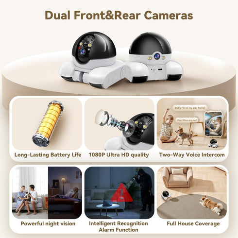 AEZ 1080P 2-Way Robot Camera on Wheels Dual Lens,Indoor Movable Security Camera with Talk,Blinky Bot with Night