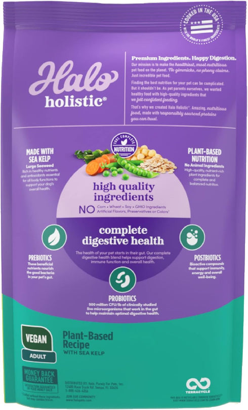 Halo Purely For Pets Halo Holistic Plant-Based Recipe with Kelp, Complete Digestive Health, Vegan Dry Dog Food Bag, Adult Formula, 3.5-lb Bag