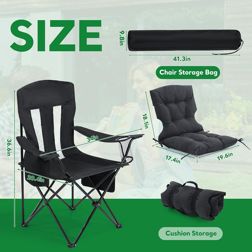 BALAPET Folding Padded Camping Chair with Cushion, Large Padded Outdoor Chair with Cup Holder Storage and Cooler Bag