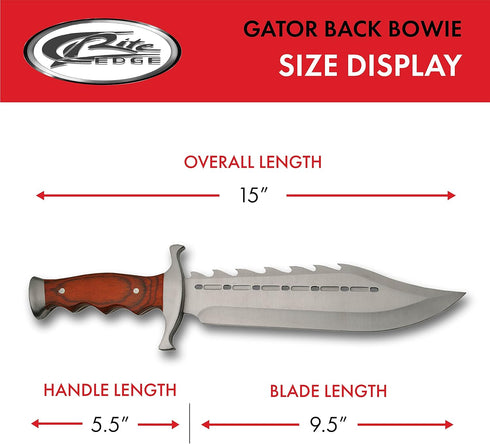 SZCO Supplies 15" Gator Back Bowie Knife - Stainless Steel Wood Handle with Sheath, Brown