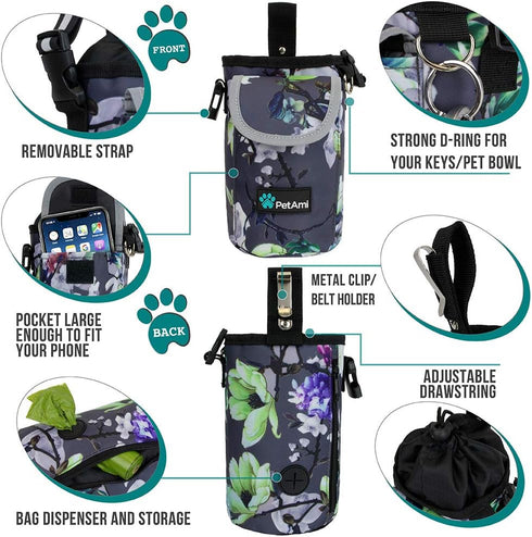 PetAmi Dog Treat Pouch, Large Training Treat Pouch with Pocket, Dog Trainer Essentials Supply Holder (Floral Grey)