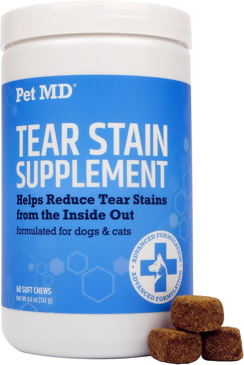 Pet MD Tear Stain Remover for Dogs & Cats, 60 ct Antioxidant Eye Care Supplement with Lutein and Omega 3 & 6