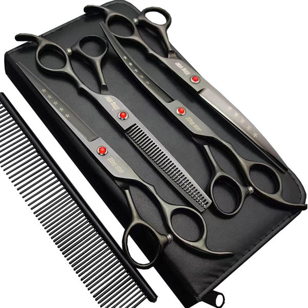 7.0in Titanium Professional Dog Grooming Scissors Set - 4pcs Straight, Thinning & Curved Scissors for Dog Grooming