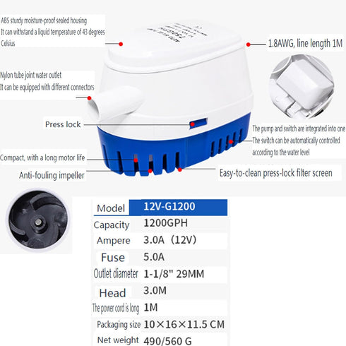 BYDGUMEI 12v 1200gph 1-1/8"(29mm) Swimming Submersible Bilge Pump Automatic Float Switch Marine Water Pump Kit Outlet