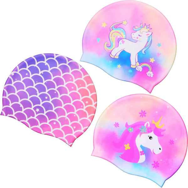 Syhood 3 Pcs Kids Swim Caps, Baby Waterproof Bathing Caps, Cartoon Swimming Hat for Boys and Girls