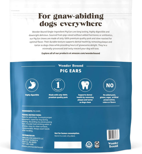 Amazon Brand - Wonder Bound Whole Pig Ears, Single Ingredient, Highly Digestible Dog Treats, 18 count, 12.7 ounce.