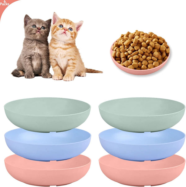 6-Pieces Whisker Fatigue Cat Bowl, 5.5 Inch Shallow Dish for Kittens and Short Legged Cats, Wheat Straw