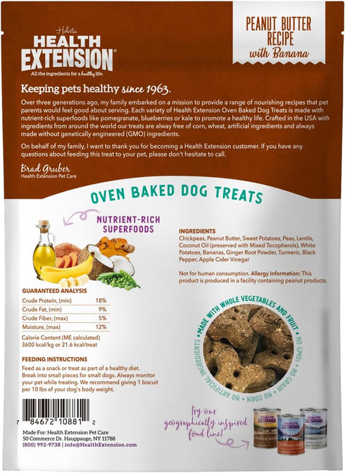 Health Extension Oven-Baked Dog Treats, 6oz, Peanut Butter & Banana Recipe, Gluten & Grain-Free, Crunchy Biscuits