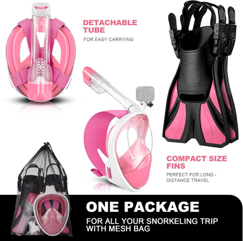 Odoland Snorkeling Packages, Full Face Snorkel Mask for Adults & Youth with Camera Mount, Adjustable Swim Fins