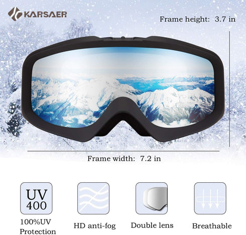 Karsaer Ski Goggles, Anti-Fog Snowboard Goggles with 100% UV Protection for Men Women Youth