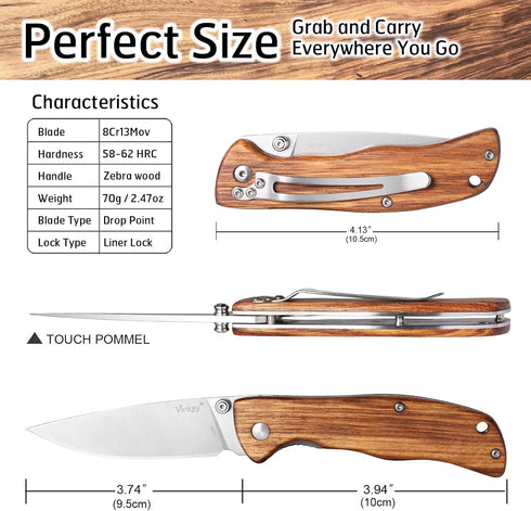 Folding Pocket Knife with Liner Lock 8Cr13MoV 3.74" Stainless Steel Blade Brown Wood Handle EDC Knife with Belt Clip for Outdoor Camping Fishing Gift (Natural) by Vickay