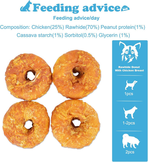 Dog Treats, Long Lasting for Large Dogs, Clean Teeth, Chicken Wrapped Rawhide Donuts, 0.5lb