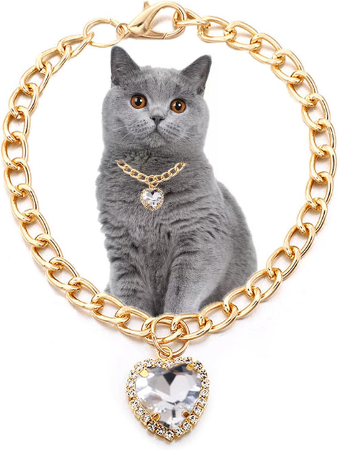 Lightweight Cat Necklace Collar with Heart Rhinestone Pendant, Adjustable Shine Diamond for Kittens, Small Dogs (White)