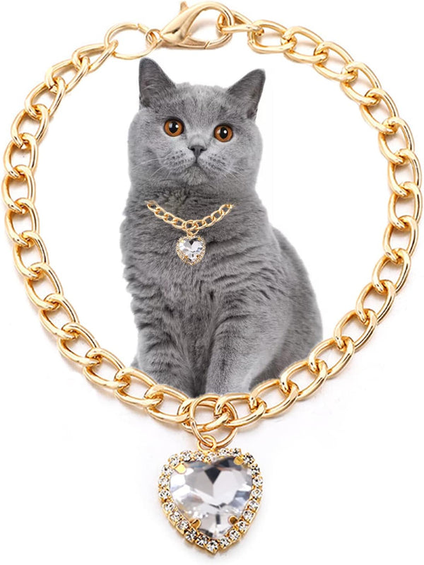 Lightweight Cat Necklace Collar with Heart Rhinestone Pendant, Adjustable Shine Diamond for Kittens, Small Dogs (White)